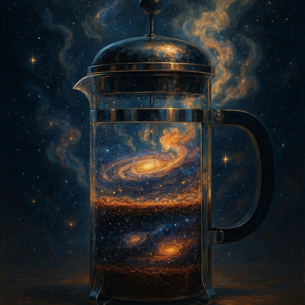 A vast swirling cosmos trapped inside a French press — galaxies forming in layers of rich coffee grounds, stars twinkling in the rising steam, nebulae blooming as hot water pours in. The plunger floats like a spaceship above a universe in a cup, while celestial light reflects off the glass, blending science with serenity.