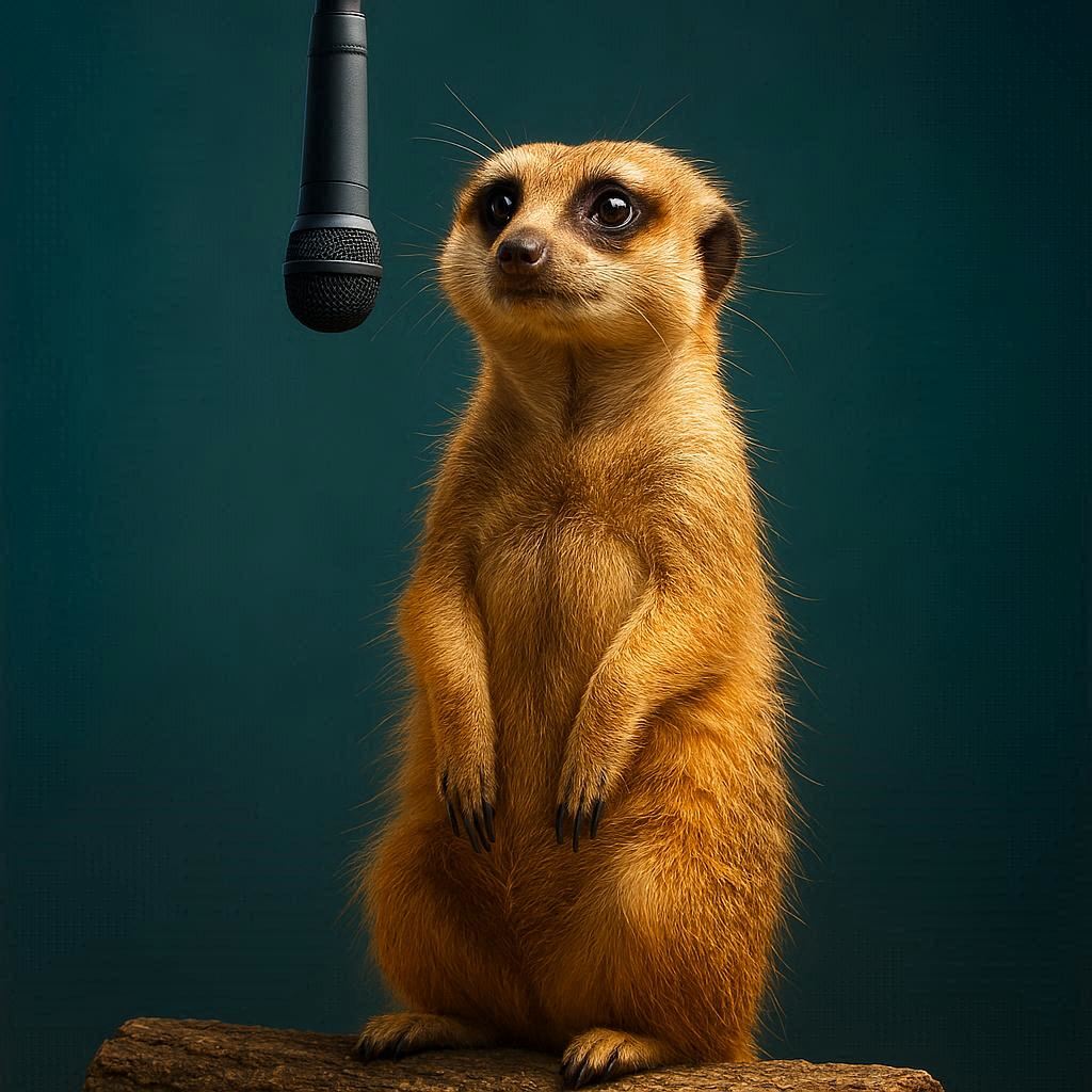 In a bright, hushed studio, a lone meerkat stands alert on a textured wooden perch, its amber fur glowing warmly under crisp, even lighting. Deep teal accents frame its form, while a dangling microphone sways gently above. A soft halo outlines each delicate whisker and the sparkle in its bright, curious eyes. Photorealistic.